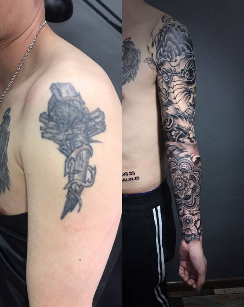 遮盖花臂纹身图片