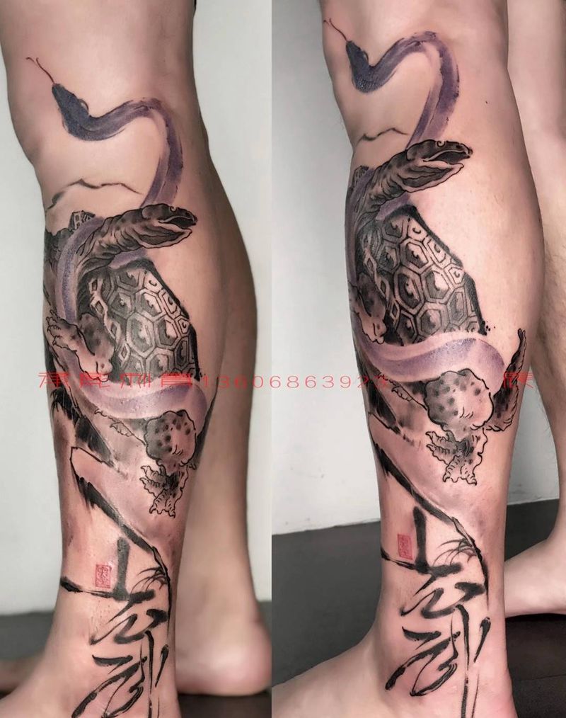 玄武纹身图片_腿部水墨纹身图案
