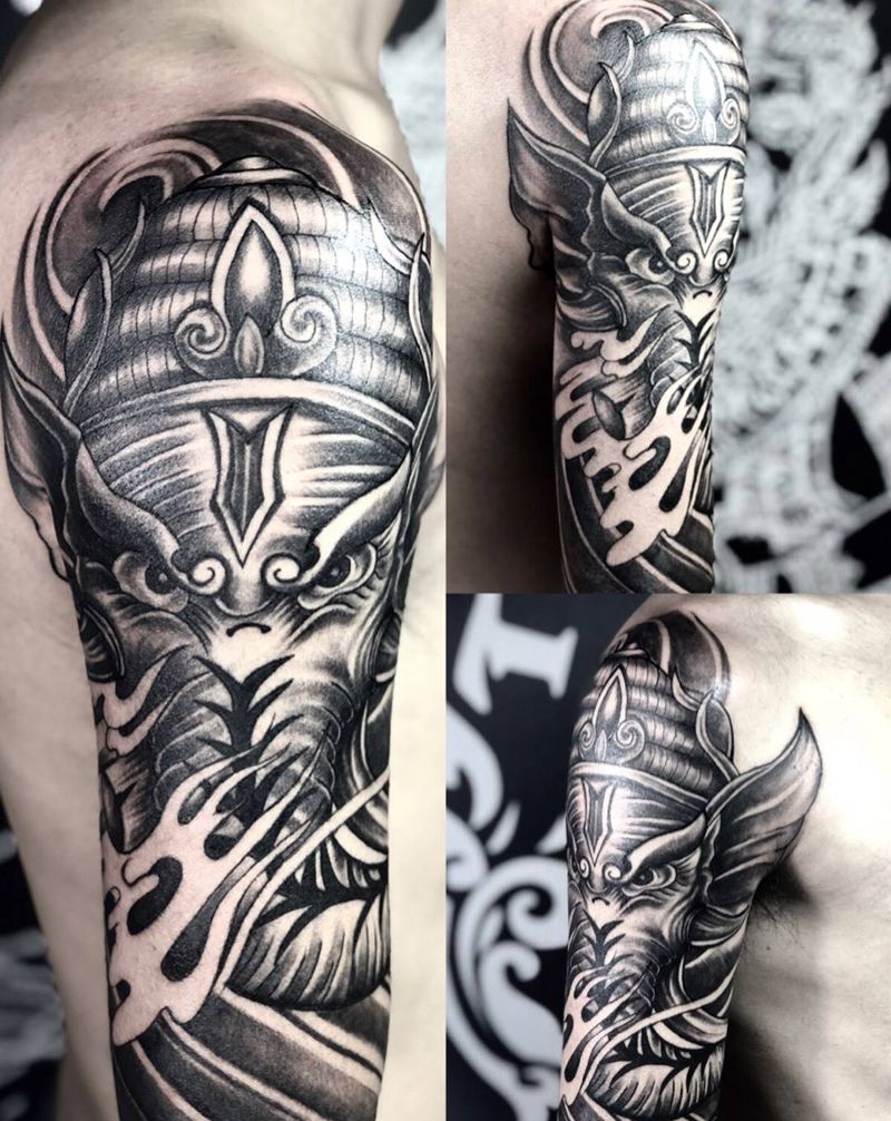 上臂象神纹身图片_成品手臂传统鬼神动物宗教纹身图案