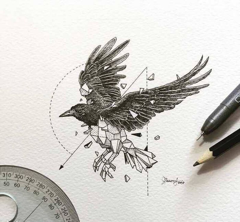 小臂几何乌鸦纹身纹身图片_成品几何纹身图案