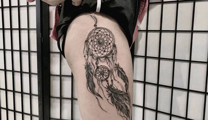 捕梦网纹身图片_腿部点刺纹身图案