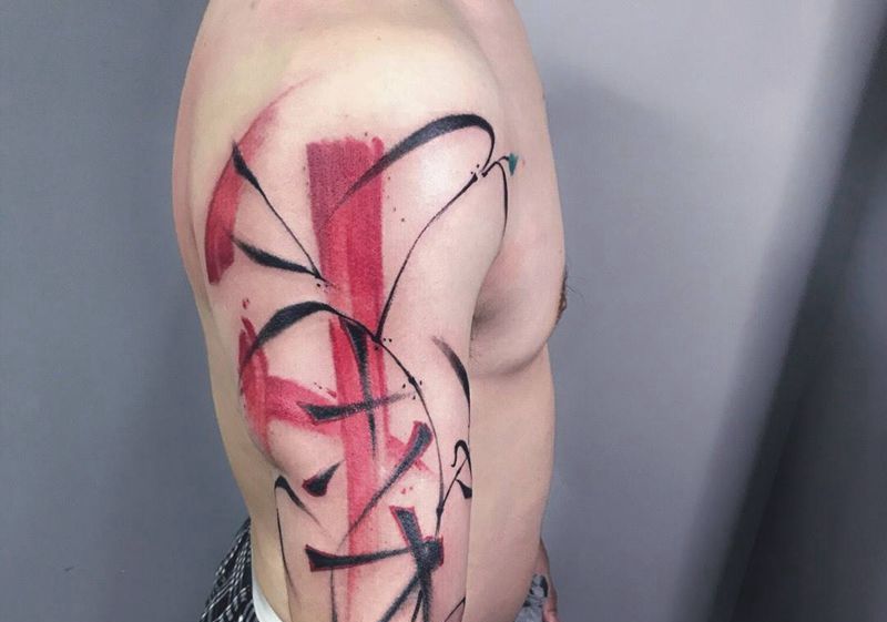 中国风纹身图片_成品手臂传统国画几何字符纹身图案