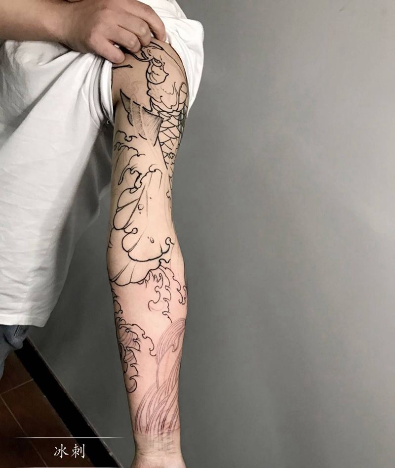 传统花臂线条纹身图片_手臂传统动物鬼神纹身图案