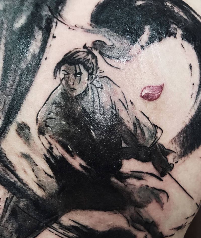 落花有意纹身图片_成品背部国画传统鬼神人物纹身图案