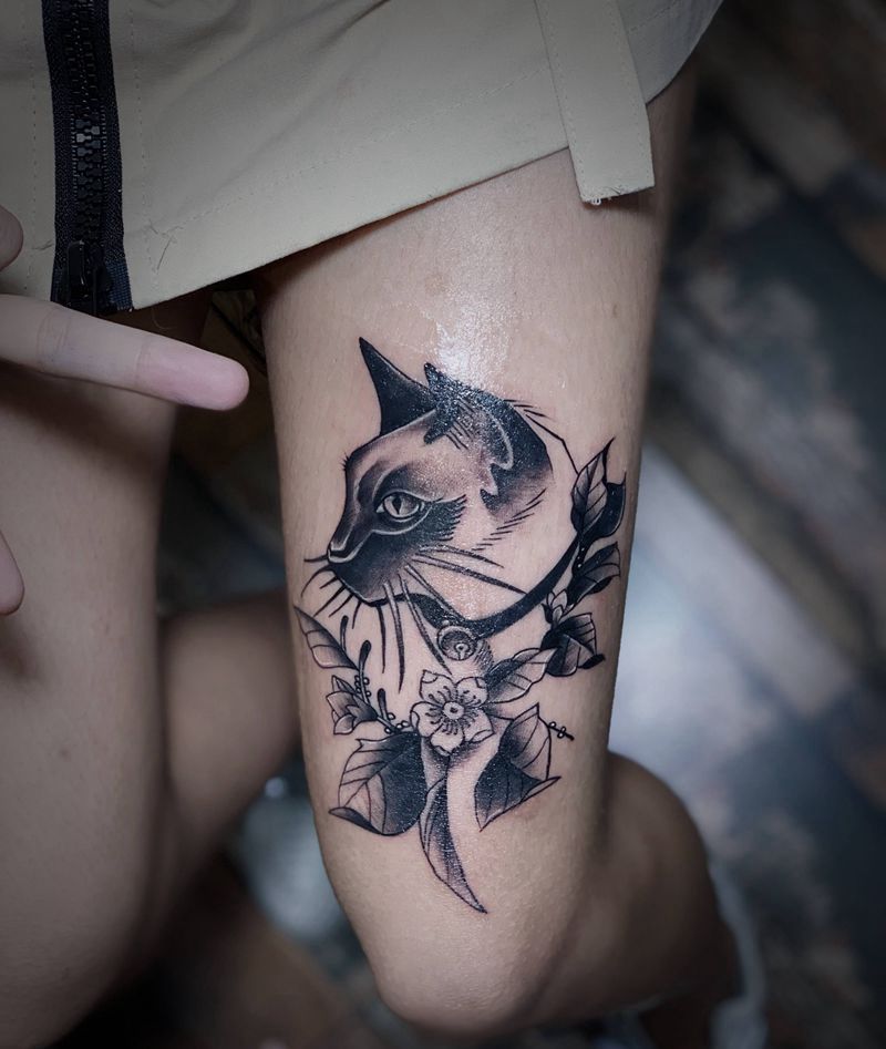 猫纹身图片_腿部Old School纹身图案