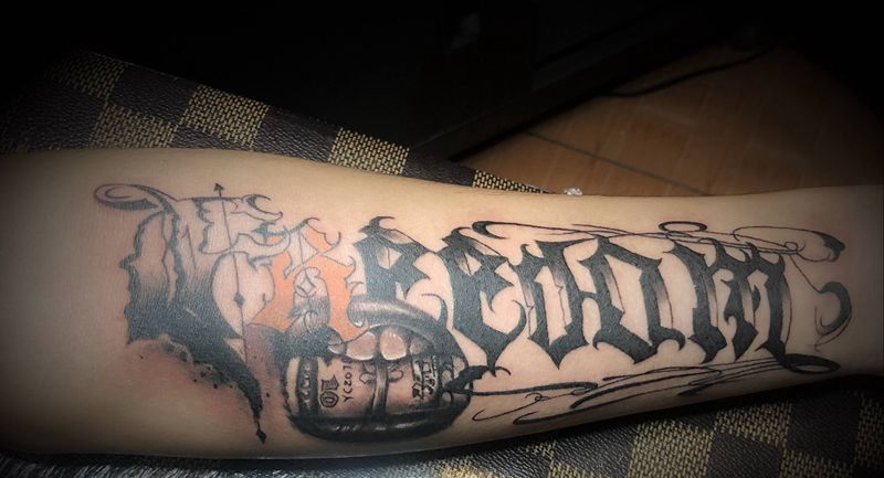 花体字母纹身图片_手臂花体字欧美写实纹身图案