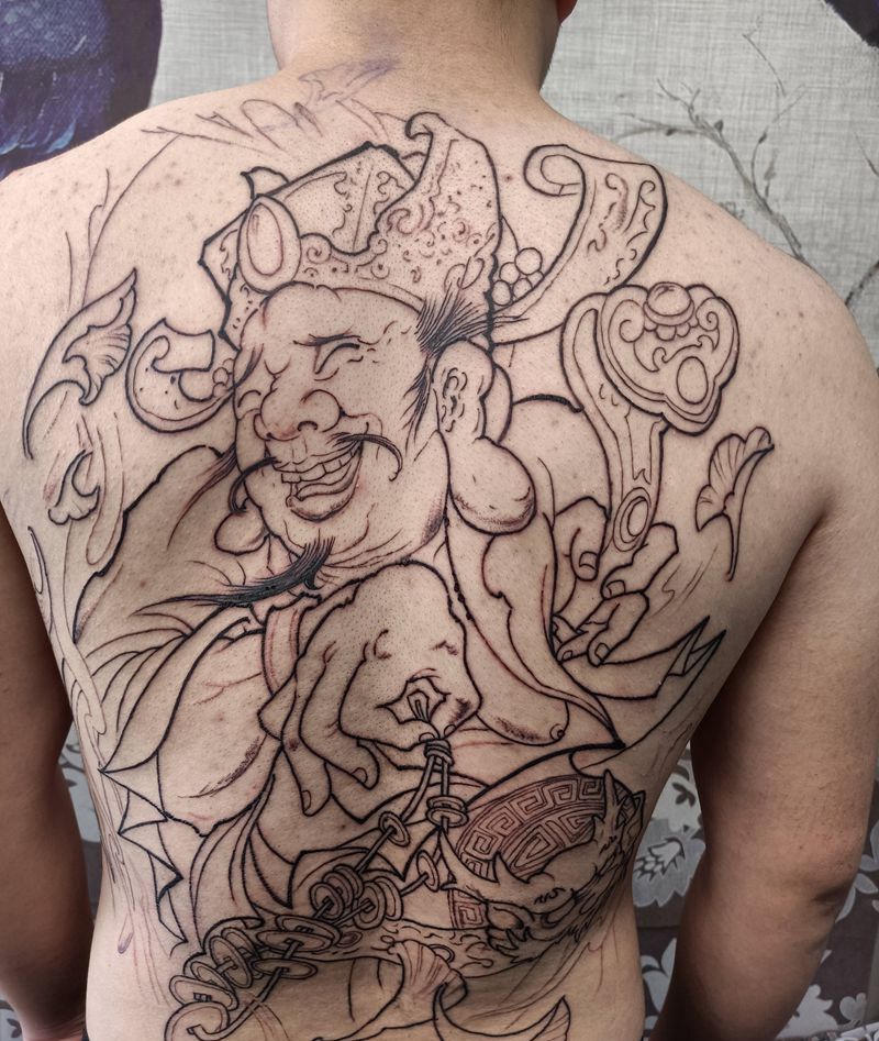 财神纹身图片_背部新传统纹身图案