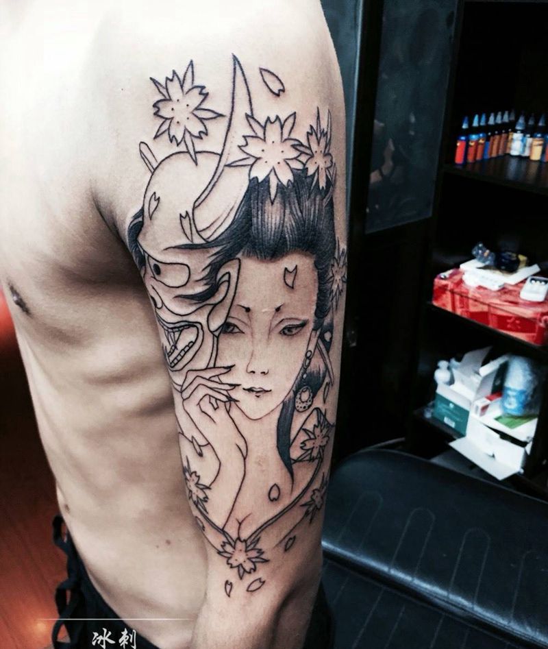 大臂艺妓纹身图片_手臂肖像传统人物纹身图案