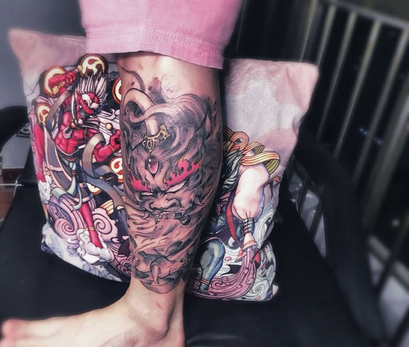 貔貅.天禄纹身图片_成品腿部传统鬼神纹身图案
