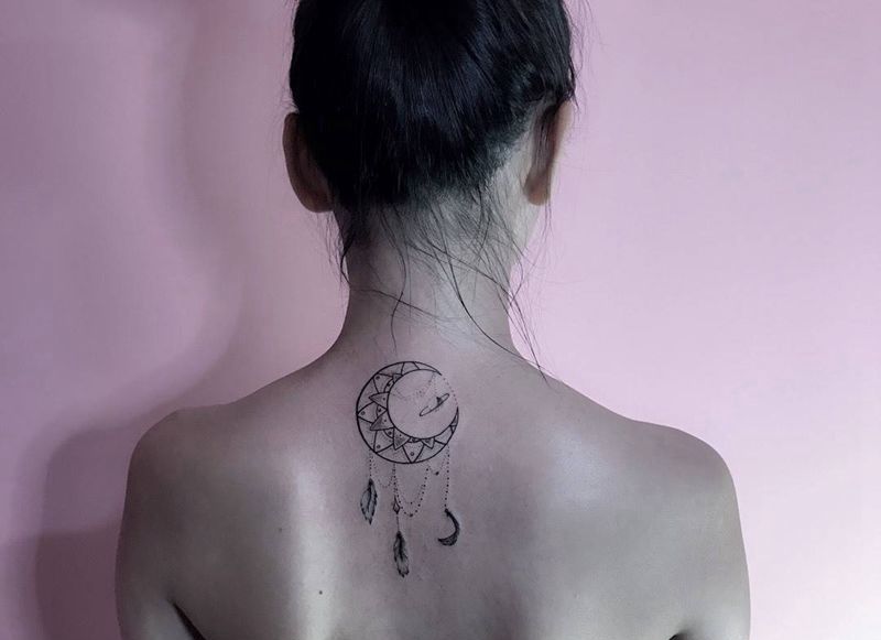 捕梦网纹身图片_成品背部清新几何欧美纹身图案