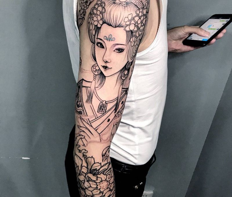 花臂割线纹身图片_成品传统手臂鬼神人物纹身图案