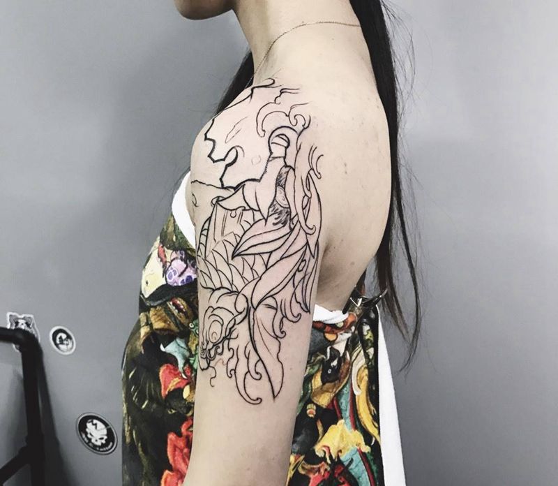 莲花锦鲤纹身图片_成品手臂传统动物纹身图案
