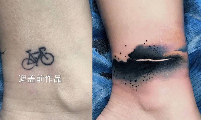 水墨遮盖纹身图片_成品腿部纹身图案