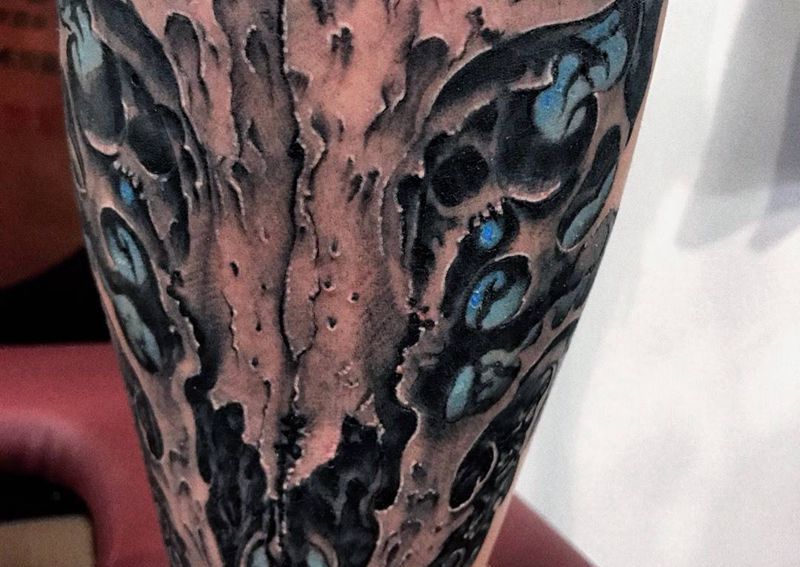 兽纹身图片_成品腿部欧美鬼神纹身图案