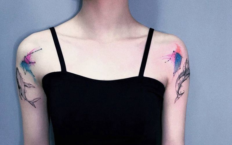 鲸鱼纹身图片_成品手臂清新动物纹身图案