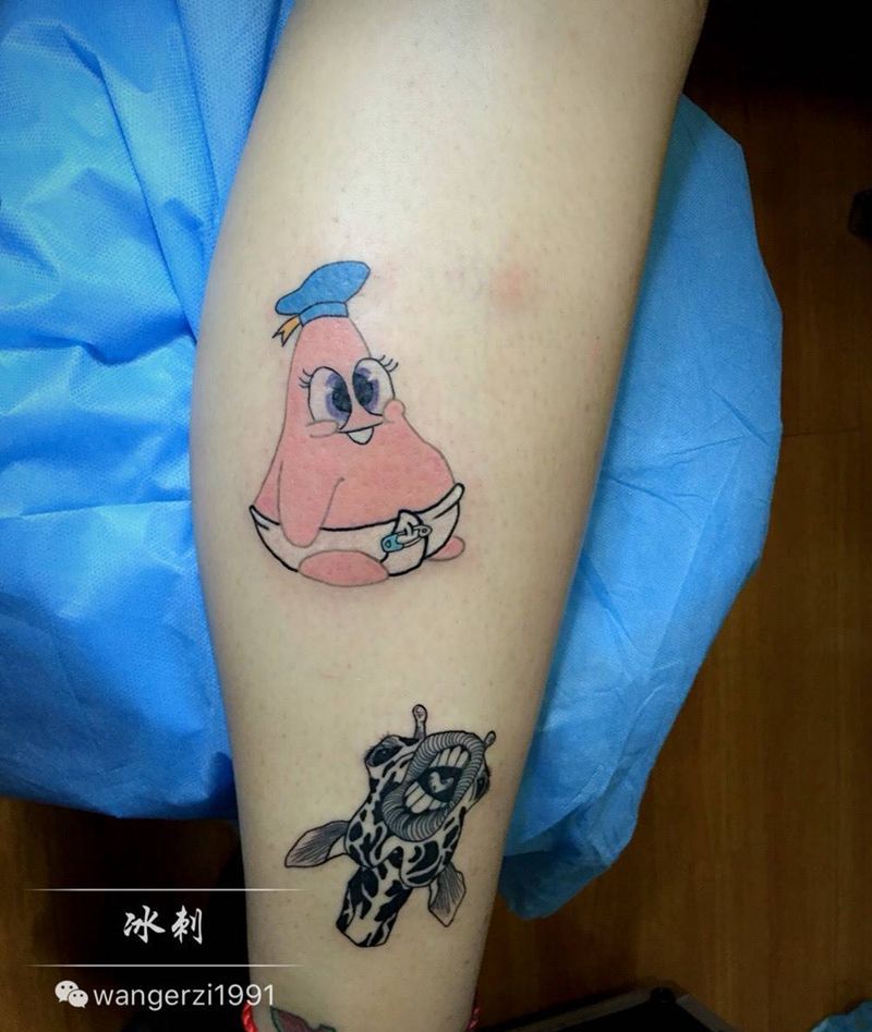 派大星纹身图片_脚部清新动物纹身图案