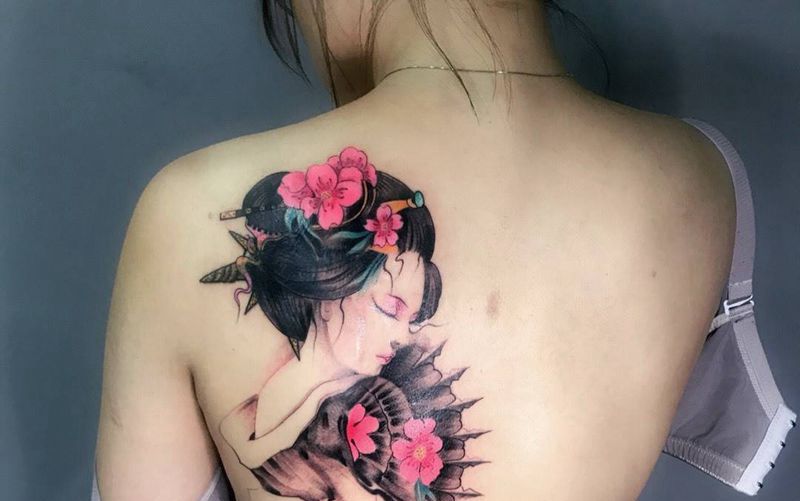 艺妓纹身图片_成品背部传统肖像人物鬼神纹身图案