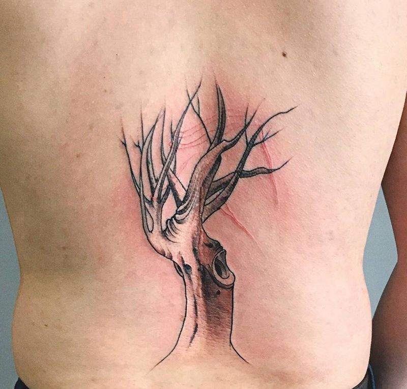 遮盖疤痕纹身图片_成品背部清新欧美传统植物纹身图案