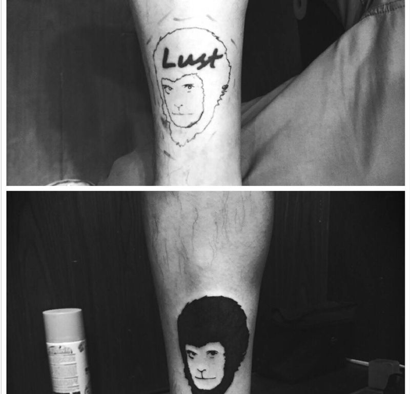 小图万能盖的至尊宝纹身图片_成品脚部腿部传统人物鬼神纹身图案