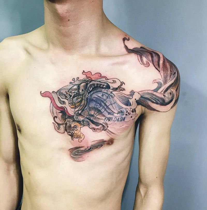 螭吻纹身图片_成品胸部传统鬼神纹身图案