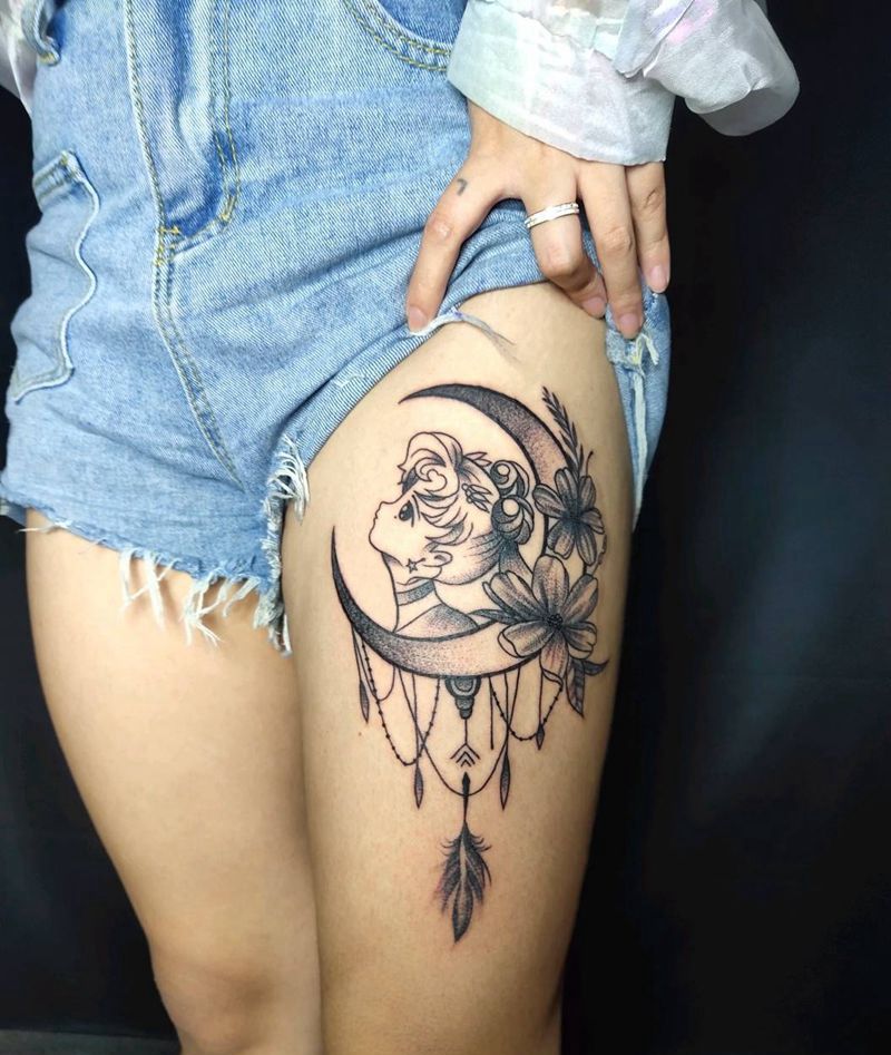 美少女纹身图片_腿部点刺New School少女月花纹身图案