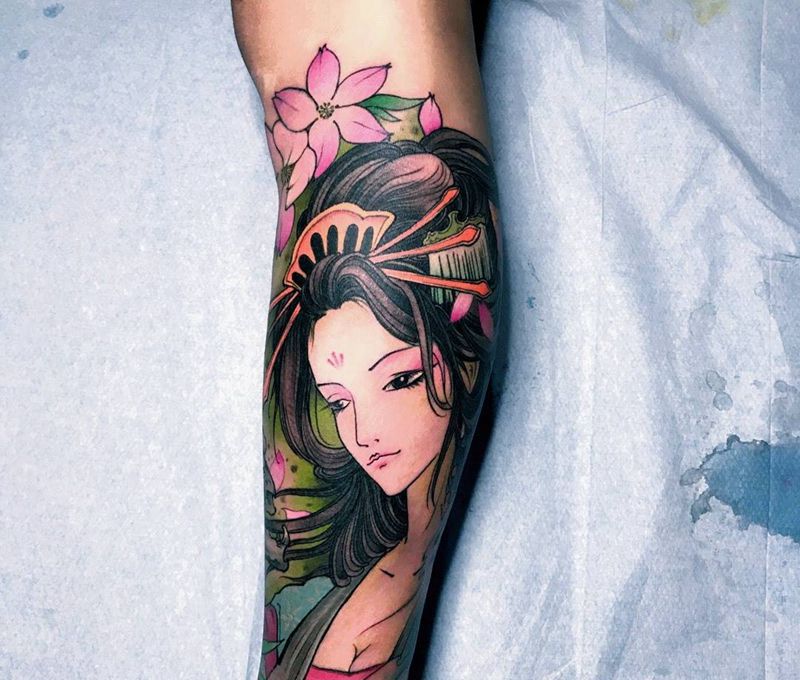 冰刺青作品纹身图片_成品腿部传统人物纹身图案