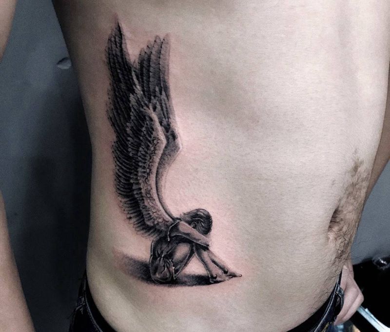 天使纹身图片_成品腰部欧美人物纹身图案