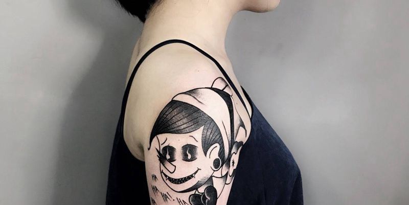 匹诺曹纹身图片_成品手臂欧美清新鬼神人物纹身图案