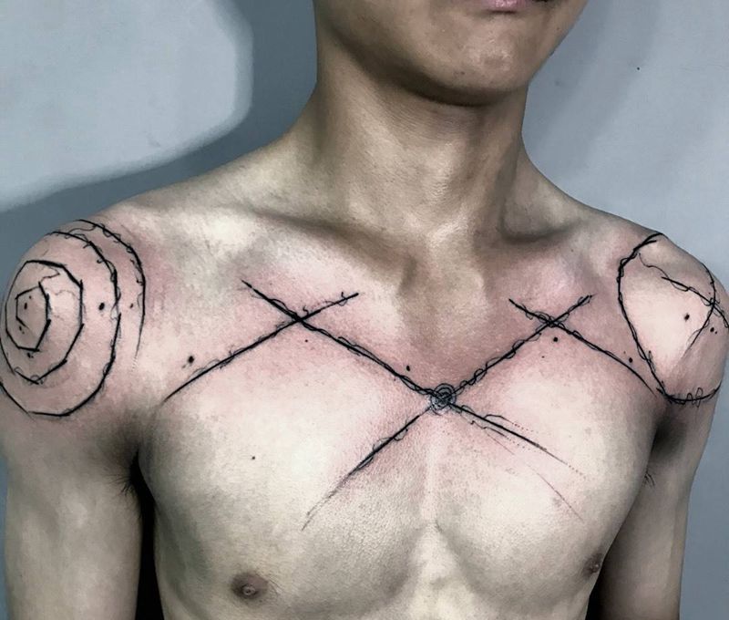 线纹身图片_成品胸部清新字符纹身图案