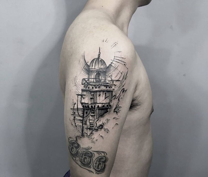灯塔纹身图片_成品手部欧美静物纹身图案