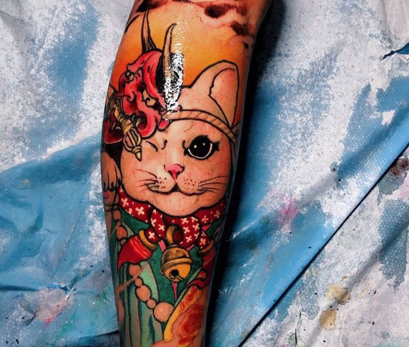 招财纹身图片_成品腿部传统纹身图案