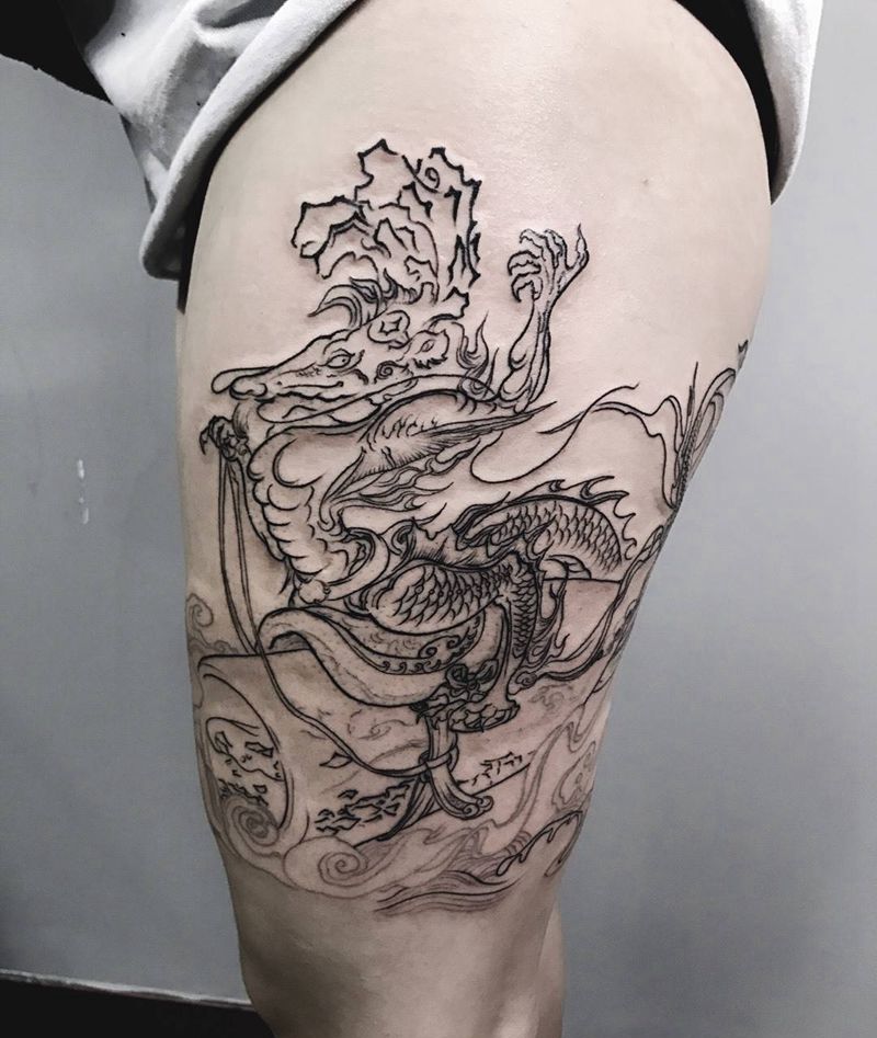 龙子蒲牢纹身图片_成品腿部传统鬼神纹身图案