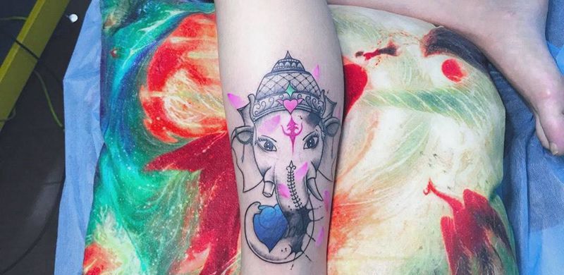 象神纹身图片_成品腿部传统清新鬼神动物纹身图案