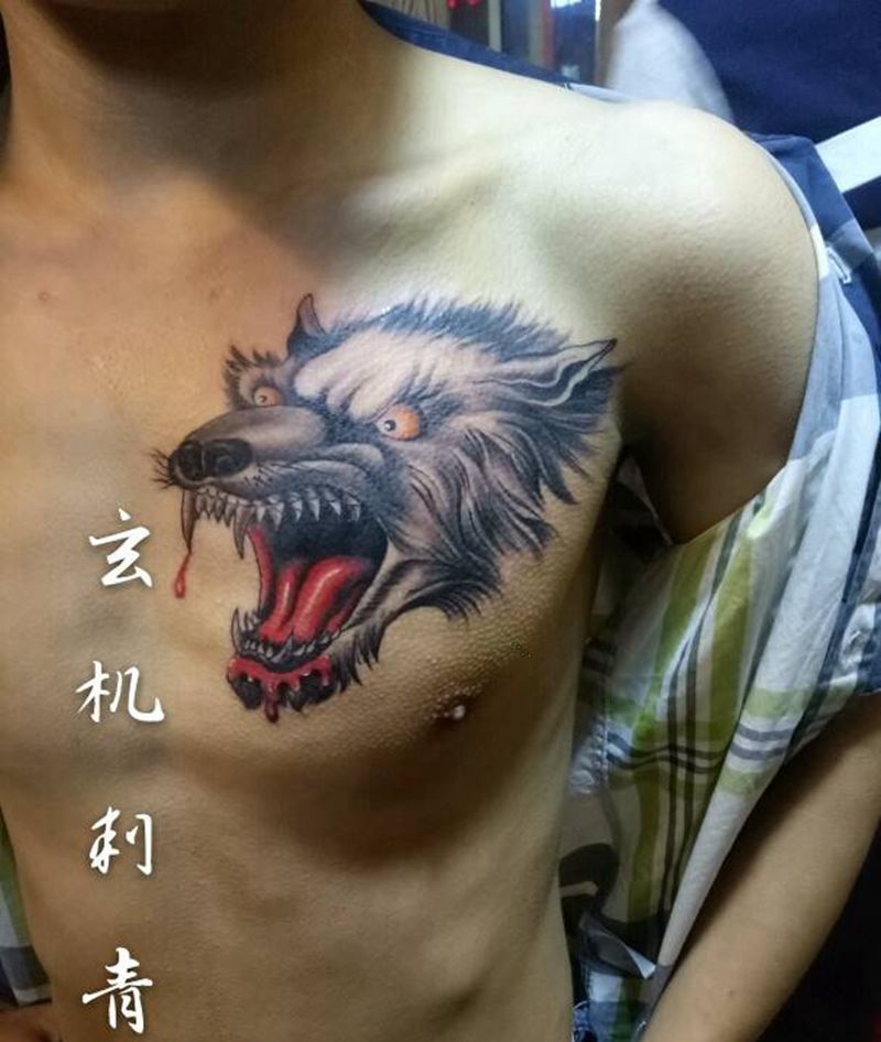 狼，虎，头纹身图片_胸部传统动物成品纹身图案