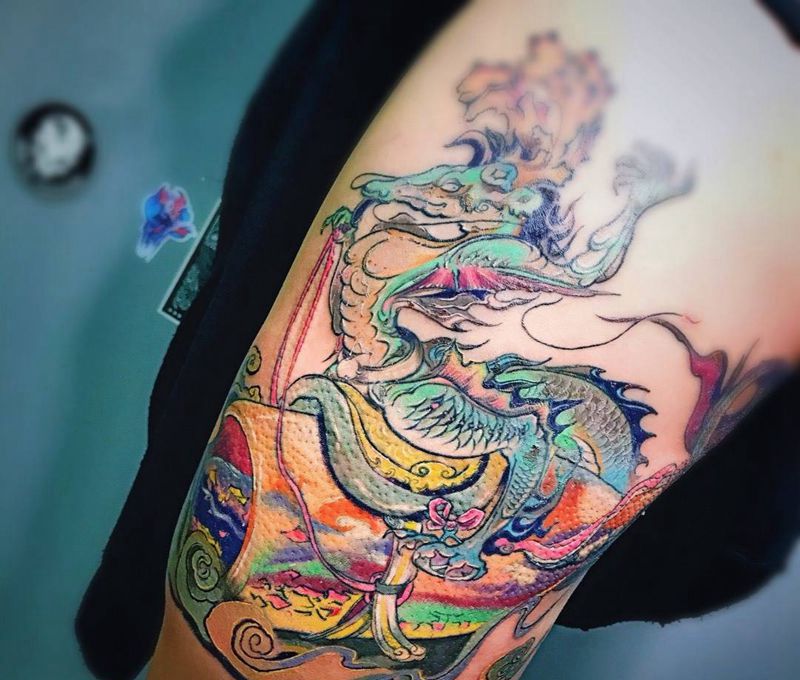 龙子蒲牢纹身图片_成品腿部传统鬼神纹身图案