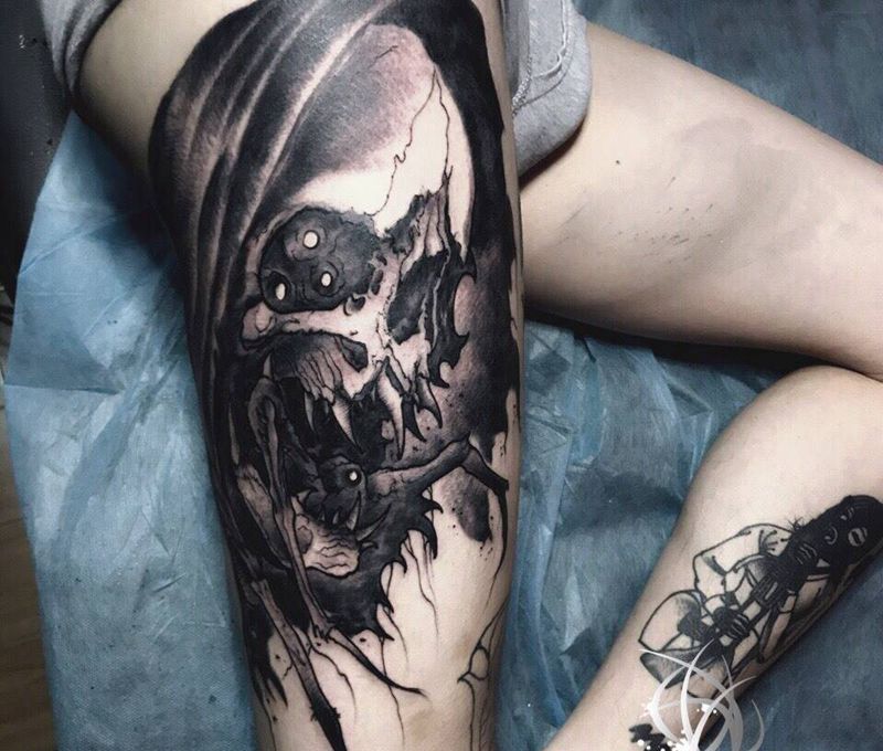 骷髅纹身图片_成品腿部纹身图案