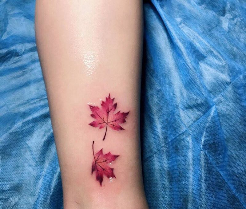 枫叶纹身图片_成品腿部清新纹身图案