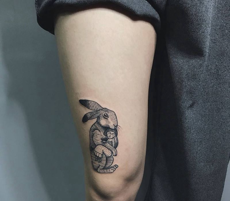 兔子纹身图片_成品腿部欧美清新动物鬼神纹身图案