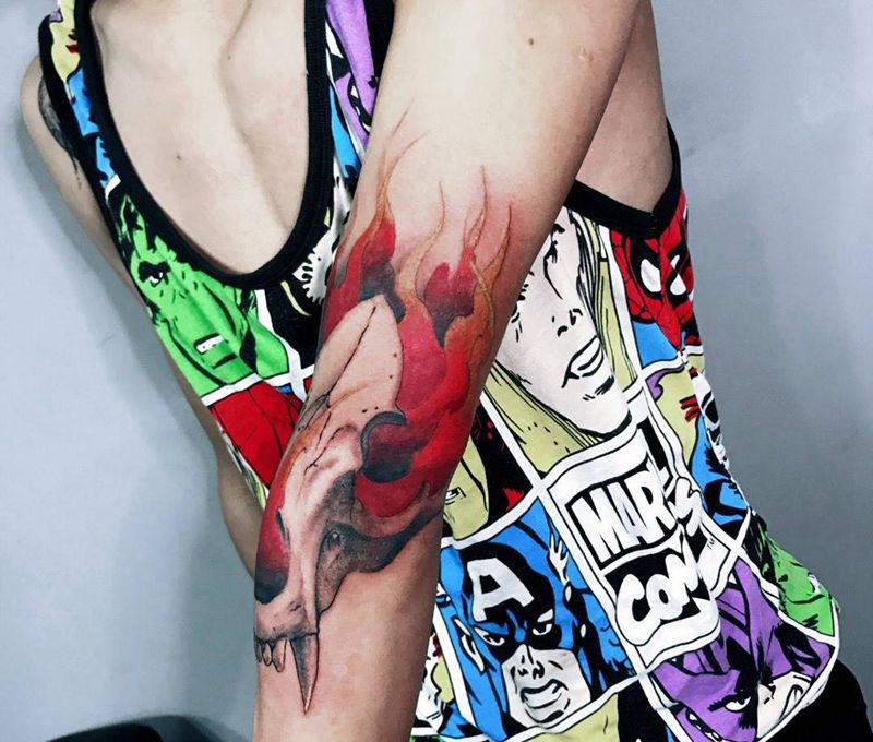 兽骨纹身图片_成品手臂欧美传统鬼神动物人物图腾宗教纹身图案