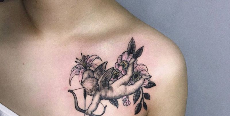 丘比特纹身图片_成品颈部清新欧美鬼神纹身图案