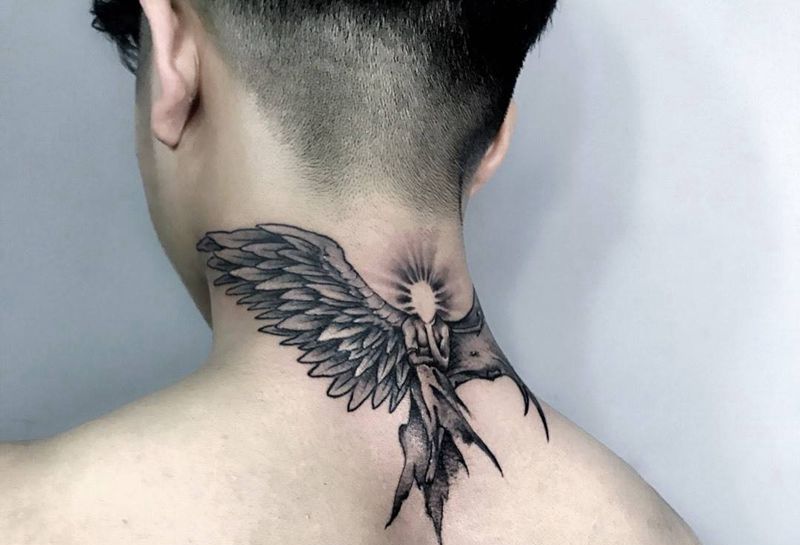 天使纹身图片_成品颈部传统鬼神纹身图案