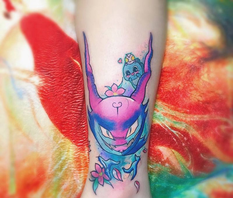 摩羯小怪兽纹身图片_成品腿部传统清新动物鬼神纹身图案