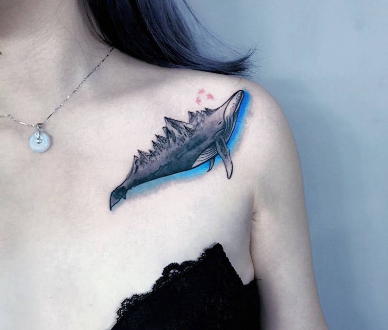 《所爱隔山海，山海终可平》纹身图片_成品肩部欧美清新动物纹身图案