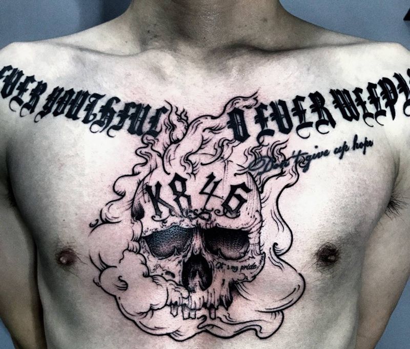 骷髅纹身图片_成品胸部欧美纹身图案