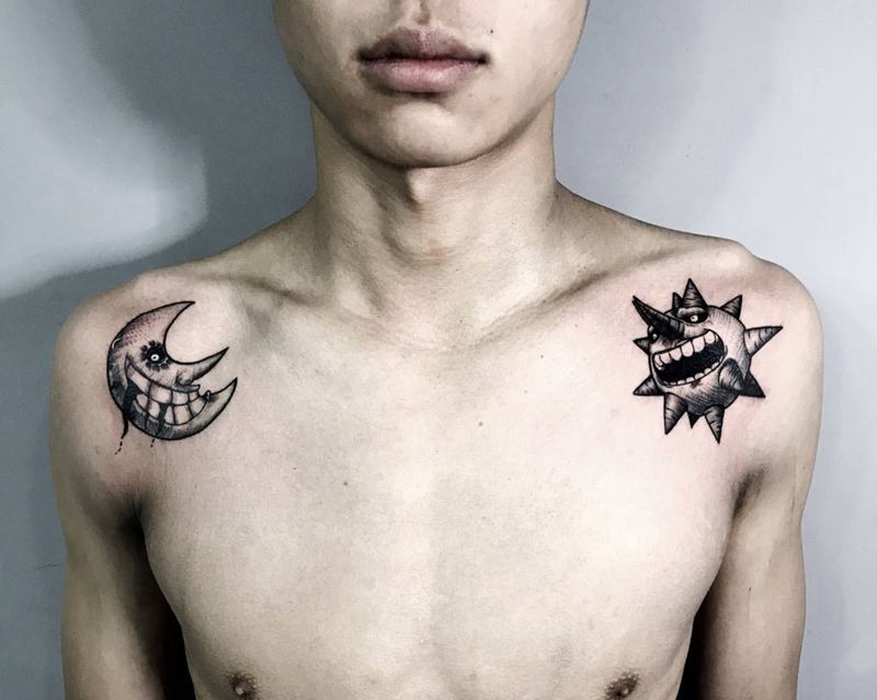 无限恐惧纹身图片_成品肩部清新几何鬼神动物纹身图案