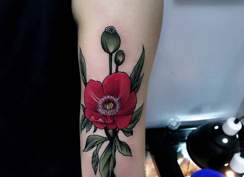 罂粟花纹身图片_成品手臂清新欧美纹身图案