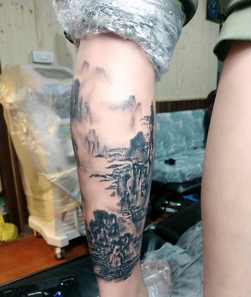山水画纹身图片_水墨纹身图案