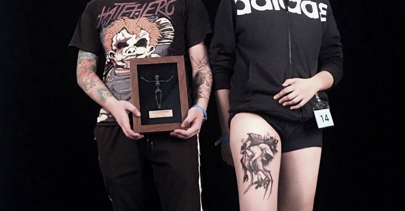 上海国际刺青极限艺术展纹身图片_成品腿部欧美鬼神纹身图案