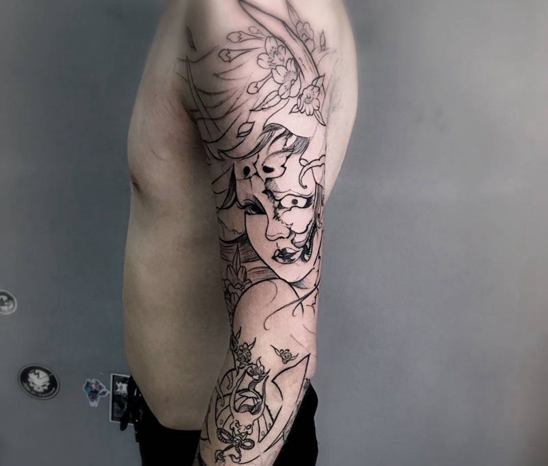 线条纹身图片_成品手臂传统肖像人物鬼神纹身图案