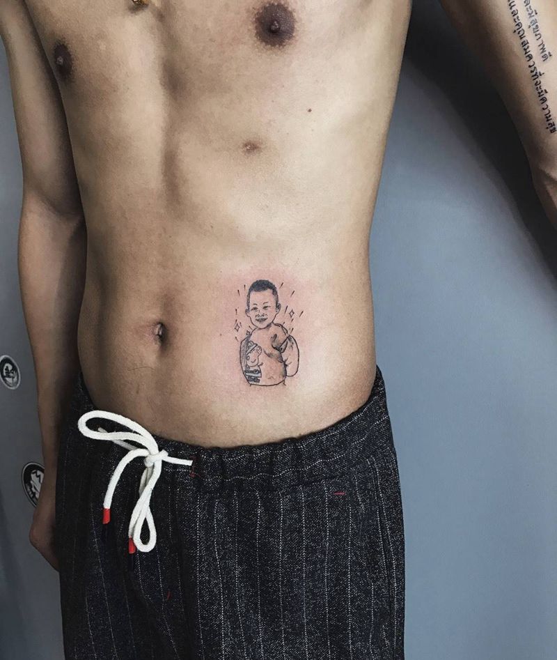 速写肖像纹身图片_成品腰部清新写实人物纹身图案